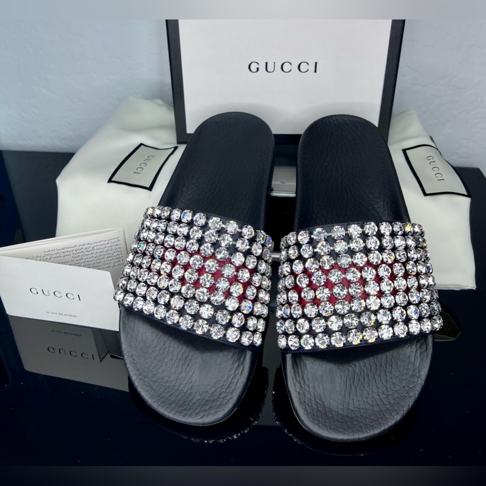 NEW! Gucci Sandals Slides Apollo Cathena Swarovski Crystal Bling Box EU 37 US 7